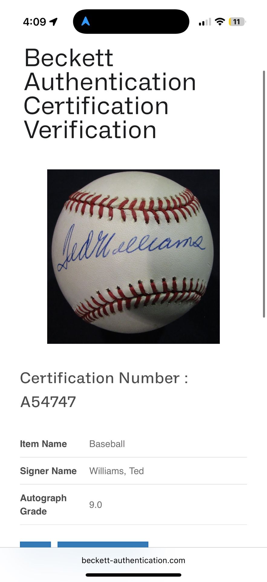 Ted Williams 9.0 Autographed Baseball