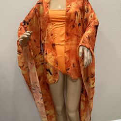 Bright Orange 2 Piece Tank Swimsuit And Butterfly Sleeve Kimono Robe Cover Up Medium Large 6/7