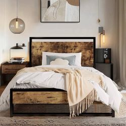 Twin Metal Bed Frame with Rustic Headboard & Footboard, Sturdy Frame Construction, No Box Spring Needed, Rustic Brown  Top highlights Style 