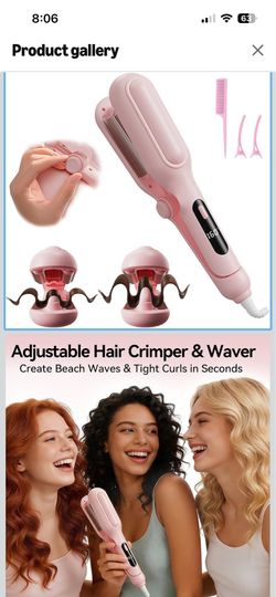Adjustable Curling Iron Hair Crimper for Women - 1&1.25 Inch Waver Tool, Creates Beach Waves & Tight Curls, Anti-Scald, Fast Heating, Dual Voltage, Pi
