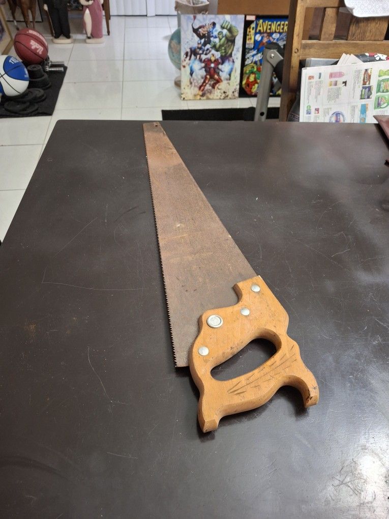 Vintage Hand Saw, Blade A Little Rusty But In Excellent Working Condition Wood Handle Is Tight With No Play 25.5" Long Across Bottom