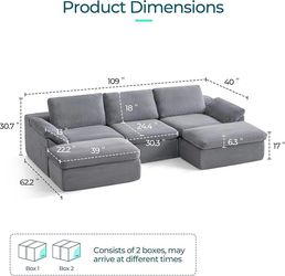 Grey Green 109" Modular Couch Modern Boneless Cloud Couch, U Shaped Sofa with Movable Ottomans, Deep Seat Corduroy Sectional Couches for Living Room,