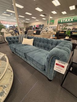 Grand Chesterfield Sofa, Blue Velvet with Nailhead Trim