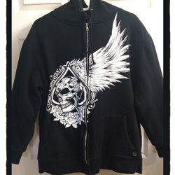 Gothic ☠️ Skull & Wings ☠️ Zippered Black Hoodie (See Description For Sizing)