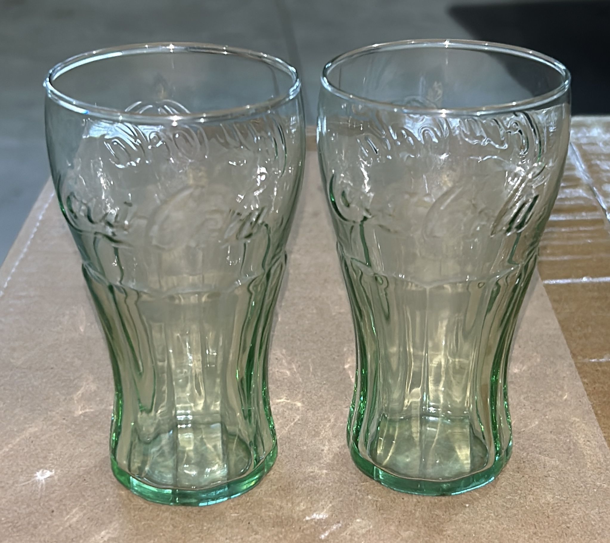 Set Of 2 Vintage Green Glass CocaCola embossed Small glasses 4” tall
