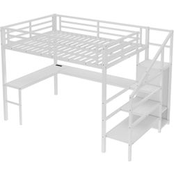 Bellemave Queen Loft Bed with Desk & Wardrobe, Heavy Duty Metal Loft Bed with Storage Stairs