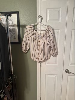 Favlux size XL 3/4 length sleeve striped blouse  Cream color with blue stripes  Oversized Tortoise buttons  Unique square neckline-scrunched to be wor