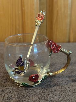 SudaTek Handmade Enamel Rose & Butterfly Glass Tea Mug w/Spoon.  Mint Condition