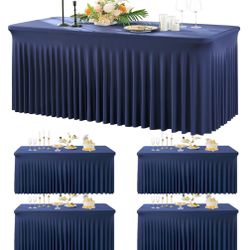 4 Pack Navy Blue Spandex Table Clothes For 6 Foot Rectangle Tables, Wrinkle Free Fitted Table Cloth 6ft Stretch Tablecloths With Skirt Cover For Parti