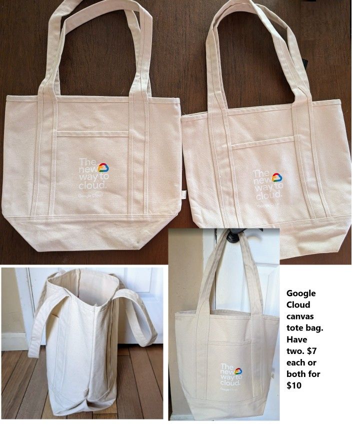 canvas Google tote shopping ivory/cream colored bag, $10 Each or both for $15