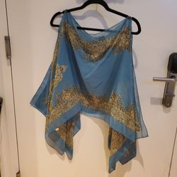 Turquoise Patterned Handkerchief Style Sheer Poncho
