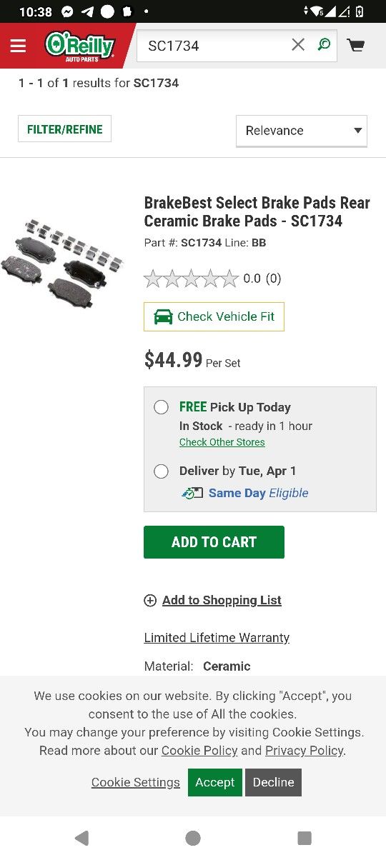 Rear Brake Pads Part #SC1734