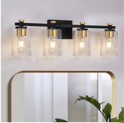 4 Light Bathroom Vanity Lights, Black and Gold with Clear Glass Shade, Modern Wall Sconces Over Mirror