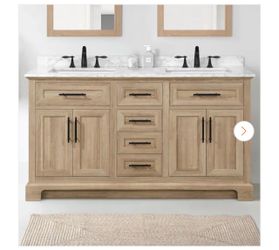 Doveton 60 in. Double Sink Freestanding Weathered Tan Bath Vanity with White Engineered Marble Top (Assembled)