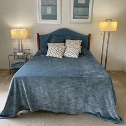 All For $75- Lamps, Bed, End Table And Bedding/ Sterns & Foster Queen Mattress, Box Spring, Frame, And Headboard AND Bonus 3” Foam Topper For comfort!