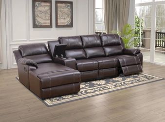 Brown leather deep seating leather reclining sectional couch