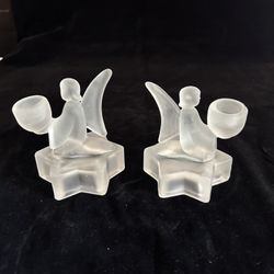 (2) Frosted Glass Angel On Star Candle Holder