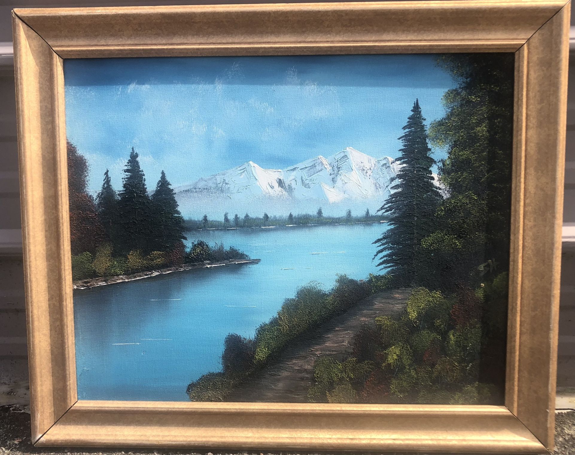 Vintage Original Mountain Scene Oil Painting Signed On Canvas 24 X 22”