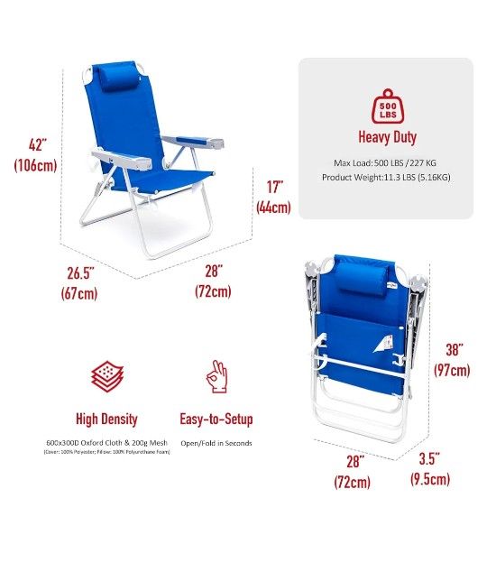 Blue, Oversized, Tall Folding Beach Chair