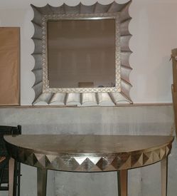 ❗️DEAL❗️Half Moon Console Table & Decorative Mirror with Geometric and Architectural Frame