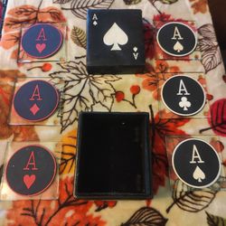 6 Ace Glass Coasters with Rubber Pad Deck of Cards Storage Box