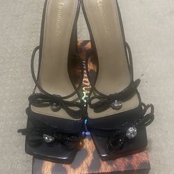Women Double Bowknots Crystal Heels Square Toe