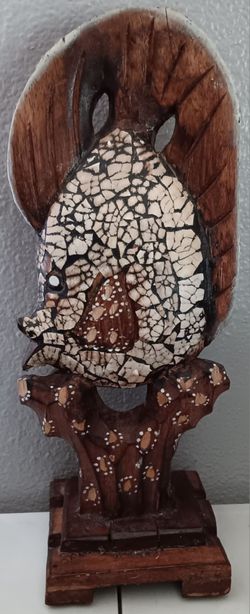 Unique Wood Piece Of A Fish On Coral Stand 13.75 Tall 4.5" Wide.