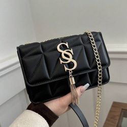 Fashion Plaid Stitching Pressed Shell Metal Flip Lady Bag Multi-Functional Shoulder Crossbody Bag With Metal Tassel & S-Shaped Letter Ornament, Ideal 