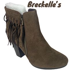 Breckelles Faux Suede Brown Fringed Ankle Boot 7.5 M Stacked Heel Zip Side Gail