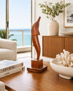 Vintage Mid Century Modern Carved Dolphin Sea Wood Dolphin Sculpture on Pedestal Minimalist Ocean Centerpiece Table Decor Vintage – 18” Coastal Decor
