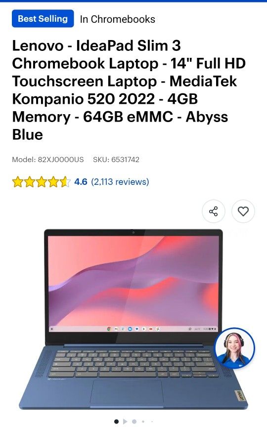 Lenovo - IdeaPad Slim 3 Chromebook Laptop - 14" Touchscreen - 4GB Mem, 64GB, Abyss Blue