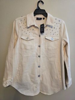 G by Giuliana Black Label Embellished Rhinestone Jacket Ivory Button Front Women's Medium NWT