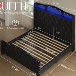 Two Lamps And Queen, Tufted Velvet Platform Bed Curved Headboard Bed With Light