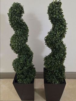 PAIR of 3ft Faux Dark Green Boxwood Spirals in 16in Black Planters (2 for $90) @ Lasting Creations