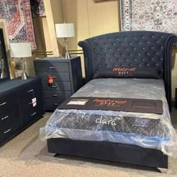 Grey Velvet 4 Piece Queen Bedroom Set 🔥 FINANCING AVAILABLE 