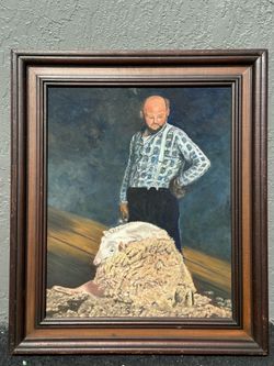 Vintage Folk Art Oil Painting Hutterite Joe Stahl Sheep Portrait Signed Hylton