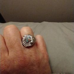 Sterling Silver Indian Head Ring -Turquoise & Coral