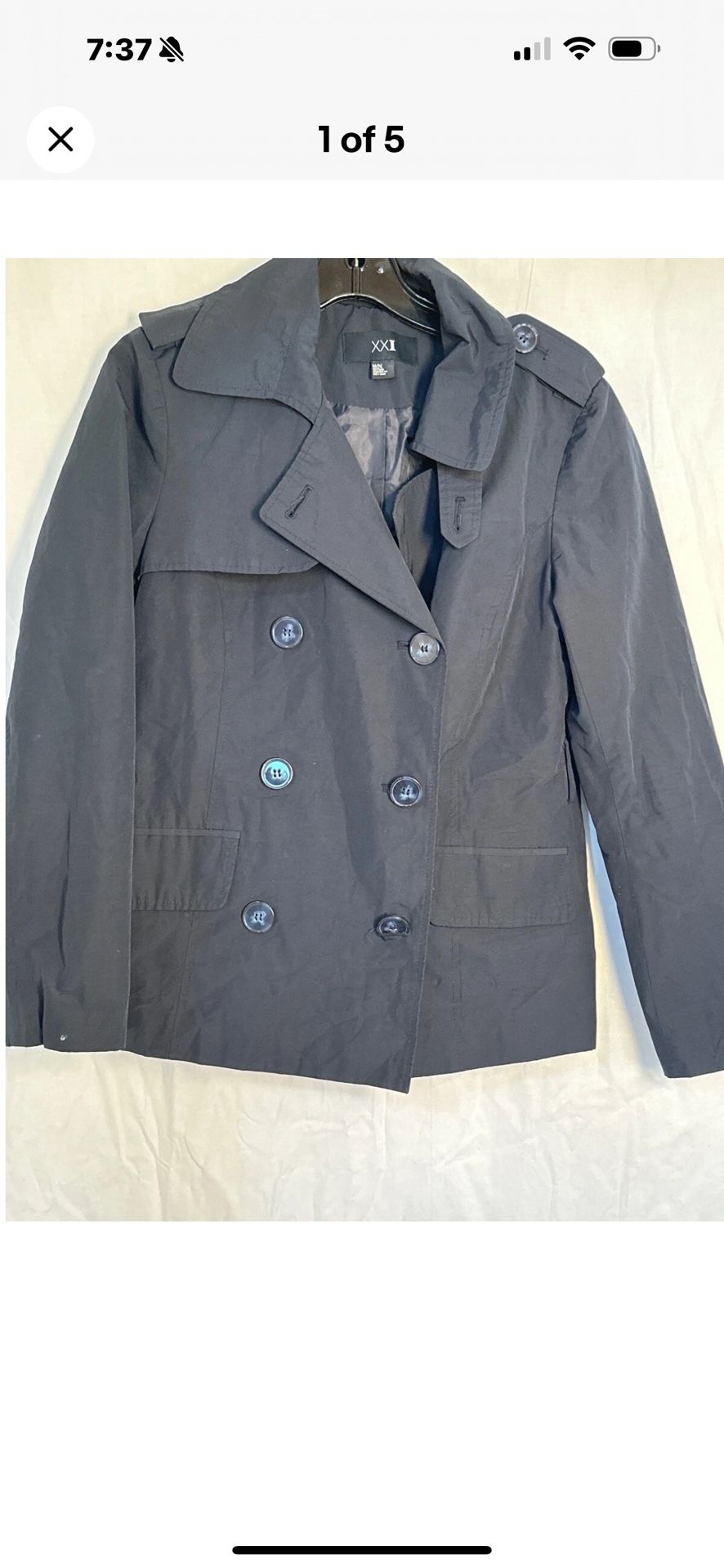 XXI Trench Coat Rain Jacket Double Breasted Button Up Blue Medium. Missing belt