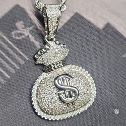 Bling Hip Hop Necklace Money Bag White Gold Look