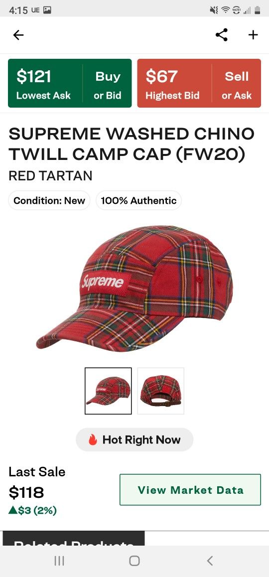 Supreme " Washed Chino Twill " Camp Cap Red Tartan 
