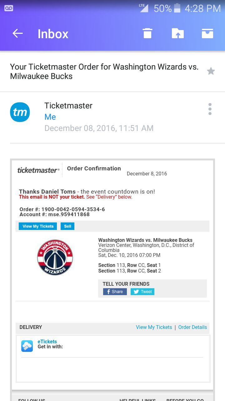 Wizards Bucks Tickets tonight all inclusive Courtside