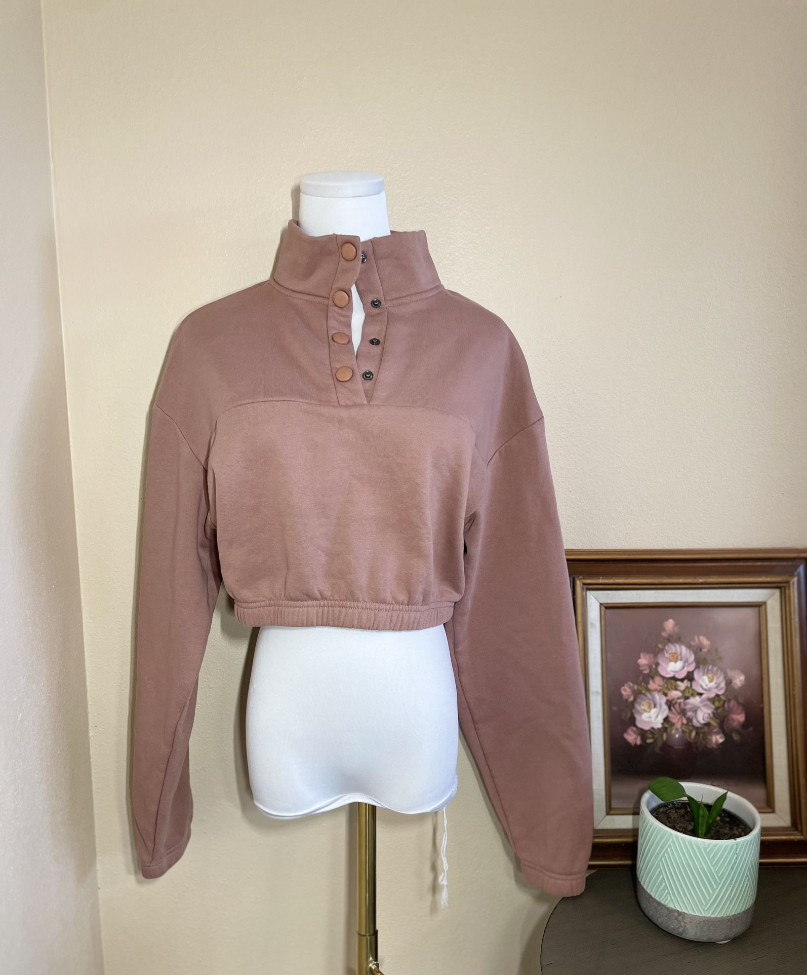 ANWND Pink Cropped Half Button Up Collar Sweatshirt XS