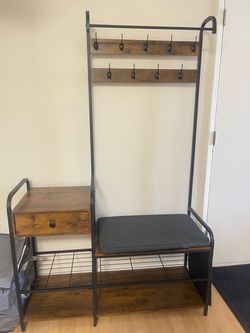 Black Metal Hall Tree with Bench & Drawer — 43” Wide