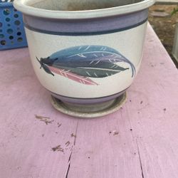 Purple And Blue Feather Ceramic Garden Pot With Attached Bottom 20$
