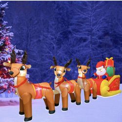 DomKom 10 FT Christmas Inflatable Santa Claus on Sleigh with Three Reindeer, Giant Blow Up Yard Decoration,Built-in LED Lights