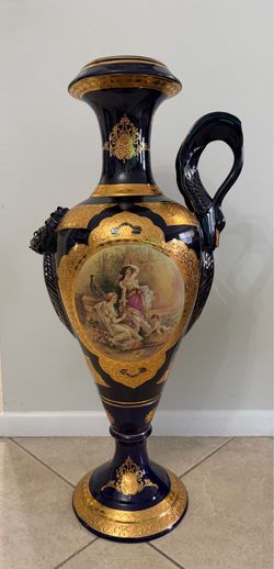 Huge 34” Cobalt Blue Gold Gilt Porcelain Ewer Vase Classical Ladies Peacock