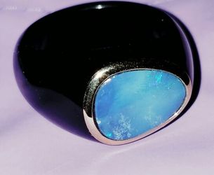 Solid Black Jade Ring & Opal Center Stone, Sz 9