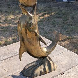 Vintage Solid Brass Dolphin Balancing Ball Sculpture – 16" Nautical Decor