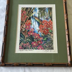 Linda Pirri signed print of Rainbow Falls, Hawaii in a bamboo frame. 24”x 19.5” Including Frame