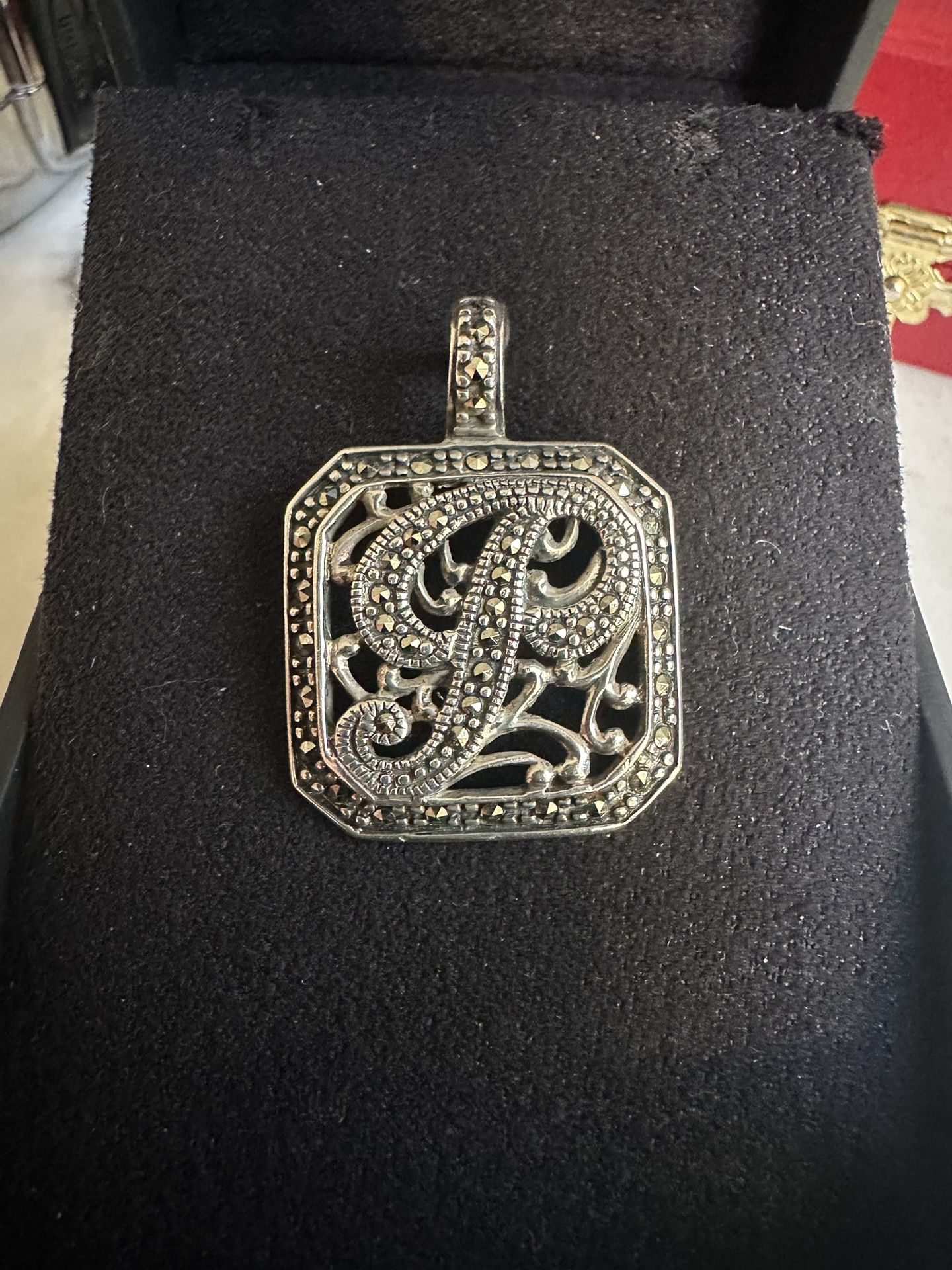 925 Sterling Silver Letter ‘P’ Pendant W/ Marcacite Accents All Around . Hallmarked In Photos, Large Hinged Bale , Nice Size Pendant